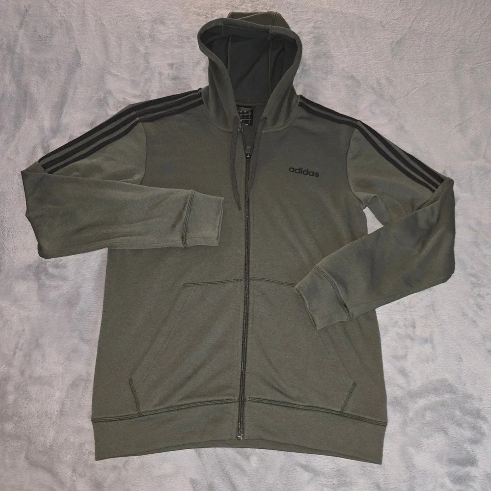 Adidas Mens Full Zip Hoodie Olive Green Three Stripe Athletic Sweatshirt Medium